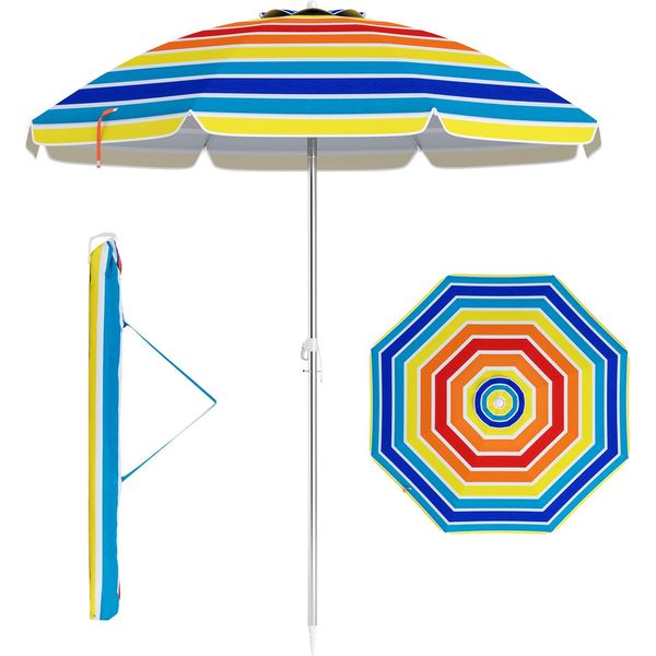 Costway Ombrellone Da Spiaggia 178Cm, Ombrellone Da Giardino Antivento Upf 50+, Pieghevole A 30°, Protezione Solare Con Picchetto Da Terra E Borsa Da Trasporto Colorata-image