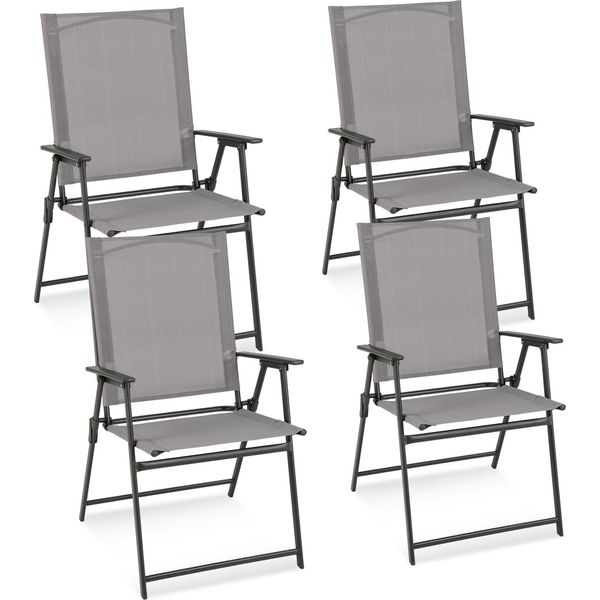 Set Di 4 Sedie Da Giardino Costway, Sedie Pieghevoli Con Schienale Alto E Braccioli, Sedie Da Balcone, Sedie Da Patio Con Portata Fino A 150 Kg 58X57,5X95,5 Cm Grigio-image