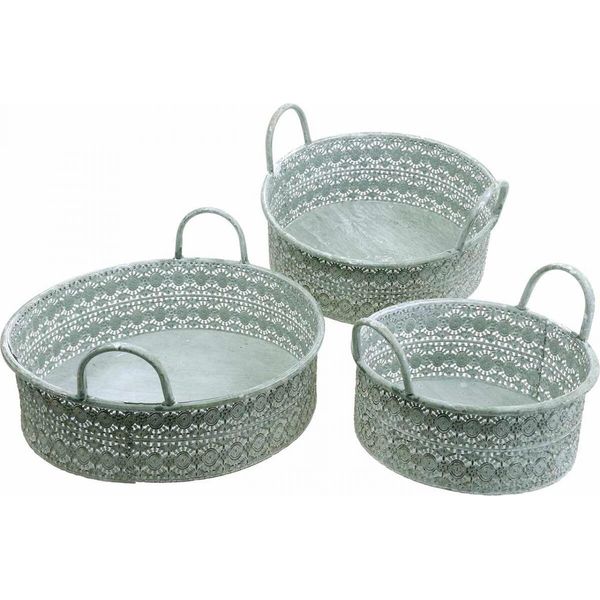 Set Di Cachepot Decorativi Vintage Con Manici, Ciotole Per Piante In Metallo 3 Pezzi, Ciotola Decorativa In Zinco Shabby Chic, Verde/Bianco-image