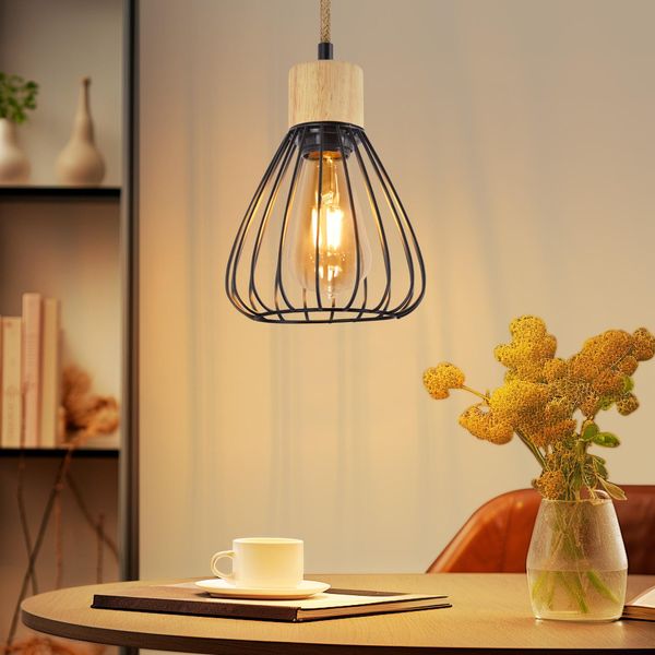 Zmh Lampada A Sospensione Tavolo Da Pranzo Sospensione Lampada Sala Da Pranzo Vintage Lampada Sala Da Pranzo Nero Lampada A Sospensione Metallo 1 Fiamma Corda Di Canapa Retrò In Legno Industriale E27 Lampada A Sospensione Per Soggiorno Senza Lampadina-image