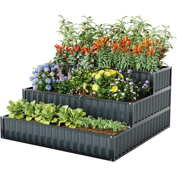 Costway Letto Rialzato A 3 Livelli, Letto Da Giardino Con Base Aperta, Impilabile, Aiuola A Livelli, Fioriera, Gradini Per Piante 118X118X61Cm Metallo Nero-image