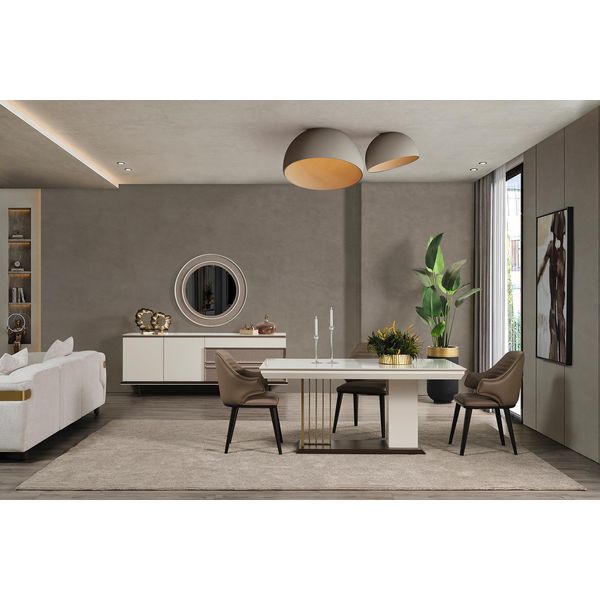 Set Sala Da Pranzo Tavolo Da Pranzo 4X Sedie Credenza+ Specchio 7 Pezzi-image