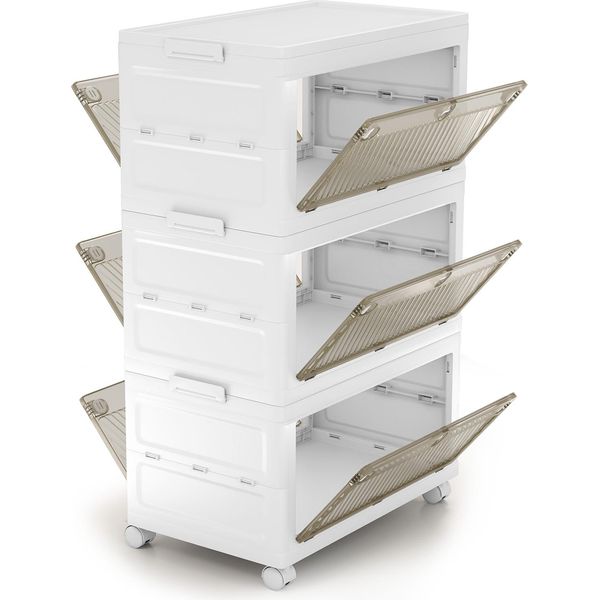 Costway 126 L Scatole Di Plastica Impilabili Con Coperchio Organizzatore Armadio Pieghevole Con Ruote Confezione Da 3 Pz-image