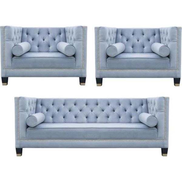 Set Di Divani Blu Poltrona Chesterfield Mobili Creativi Tessuto Soggiorno Nuovo-image