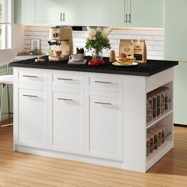 Isola Da Cucina Flieks Con Tavolo Da Pranzo Allungabile Bianco, Piano Di Lavoro In Legno Marmorizzato Nero, Mobile Da Cucina Con Ampio Spazio Di Archiviazione, Bianco-image