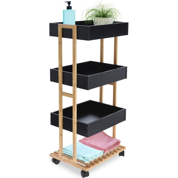 2.03 Carrello In Bambù Con 4 Ripiani In Nero/Naturale - Circa 87,5X40X30 Cm - Carrello Portaoggetti Da Cucina-image