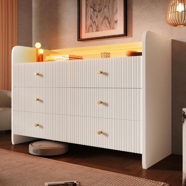 Credenza Flieks Con 6 Cassetti, Credenza Per Soggiorno Con Led, Mobile Contenitore Con Design A Onda, 120X40X75Cm, Bianco-image
