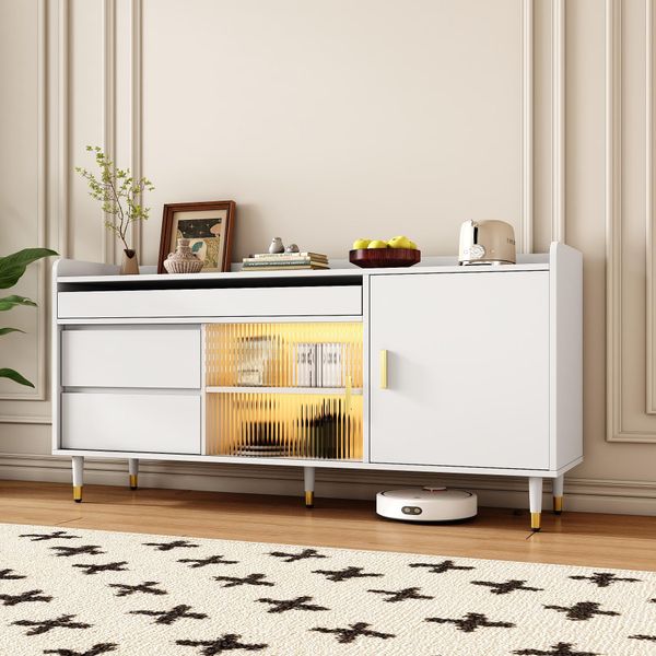 Cassettiera Aiorber, Con Ante Scorrevoli In Vetro, Illuminazione Led, Ampio Spazio Di Archiviazione, Credenza, Legno Massiccio, Per Sala Da Pranzo, Soggiorno, 140X38X76 Cm, Bianco-image