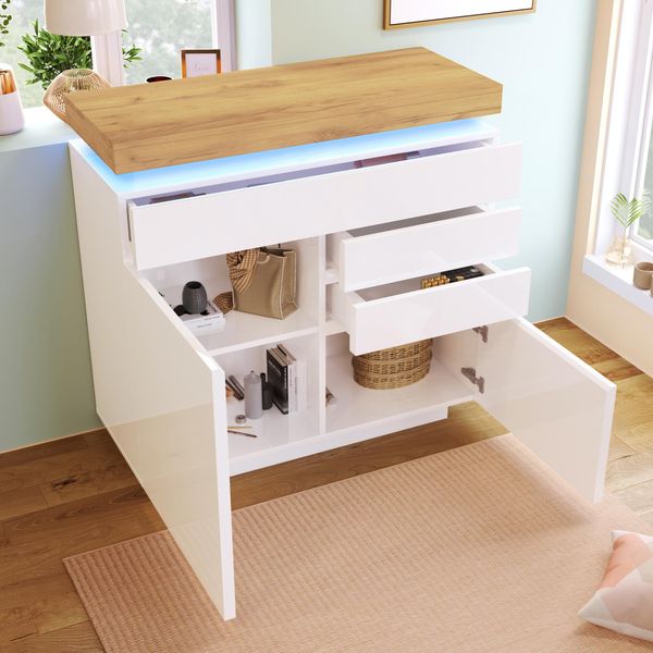 Flieks Credenza A Cassetti Con Led, Mobile Da Soggiorno Con 3 Cassetti E 2 Ante, Cassettiera Con Ripiano Regolabile, Bianco-image