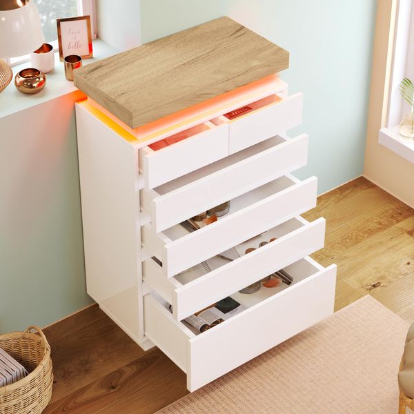 Flieks Mobile Da Soggiorno Con 6 Cassetti, Credenza Con Led, Credenza A Cassettiera Alta, 73X39X115Cm, Bianco-image