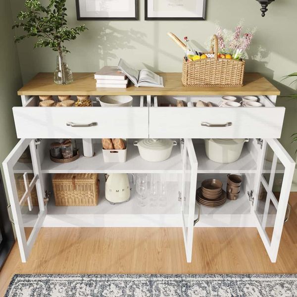Cassettiera Aiorber, Design Vetrina, Due Cassetti, Ampio Spazio Di Archiviazione, Protezione Antiribaltamento, Per Cucina, Sala Da Pranzo E Soggiorno, 120 X 40 X 84 Cm, Bianco-image