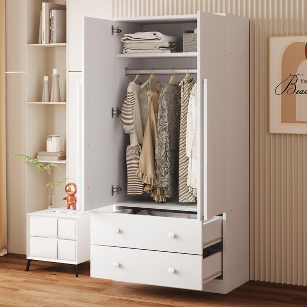 Flieks Armadio Guardaroba Con 2 Cassetti E 2 Ante, Armadio Guardaroba Con Barra E Vano Portaoggetti, 70X40X170Cm, Bianco-image