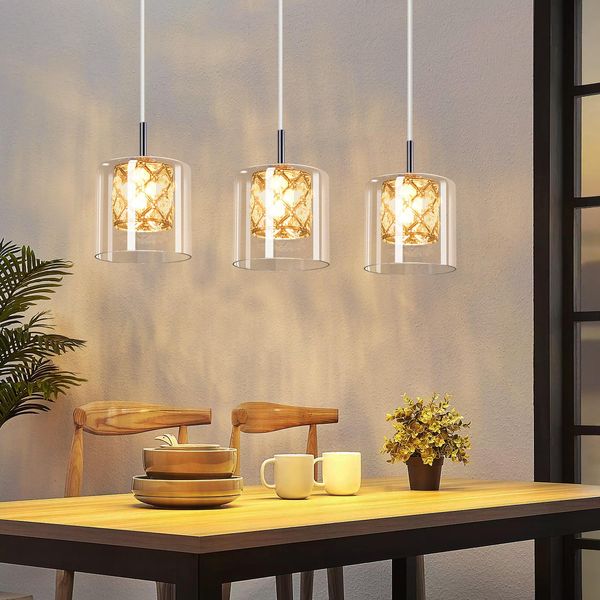 Zmh Lampada A Sospensione Tavolo Da Pranzo Lampada A Sospensione Soggiorno Vetro 3 Fiamme Cristallo Lampada A Sospensione G9 Vintage Sala Da Pranzo 120CM Altezza Regolabile Moderno-image