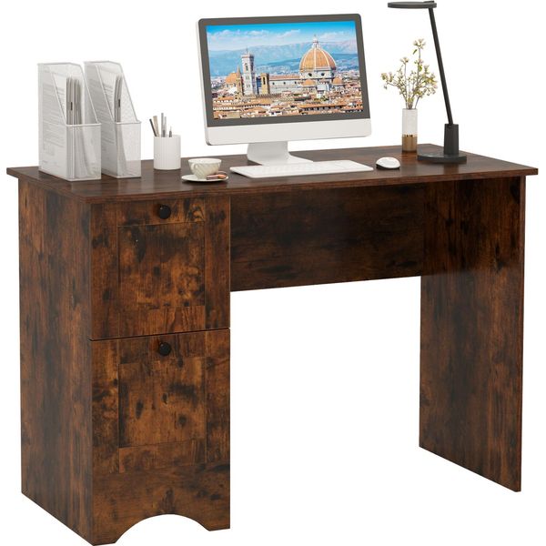 Costway Scrivania Con 2 Cassetti, Scrivania Per Computer Piccola, Scrivania Per Bambini, Scrivania Per Ufficio, Tavolo Per Pc Moderno 109X50X75Cm Marrone Rustico-image