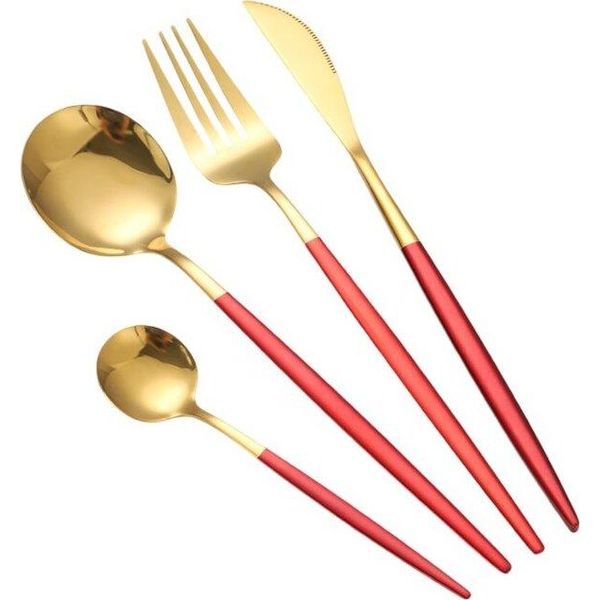 Set Di Posate Da 24 Pezzi In Acciaio Inox Di Alta Qualità Per 6 Persone - Rosso/Oro-image