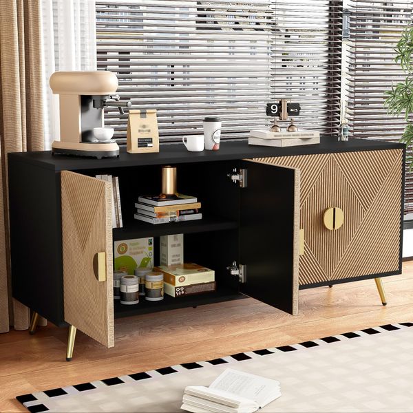Cassettiera Aiorber, 4 Ante, Con Ante In Legno Testurizzato, Ampio Spazio Di Archiviazione, Maniglie Dorate, Credenza, Per Soggiorno, Sala Da Pranzo, 160X40X75 Cm, Nero-image