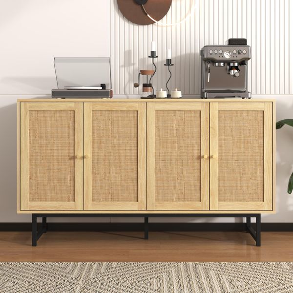 Credenza Flieks Credenza Con Vimini In Vero Rattan, Credenza A 4 Ante, Credenza In Stile Rustico, Cucina, Soggiorno, Colore Legno-image