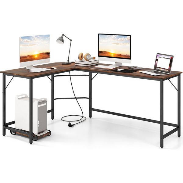 Costway Scrivania Angolare A L, Scrivania Per Computer Con Prese E Supporto Per Cpu, Scrivania, Tavolo Angolare, Scrivania Per Ufficio 168X125X74,5 Cm Marrone Rustico-image