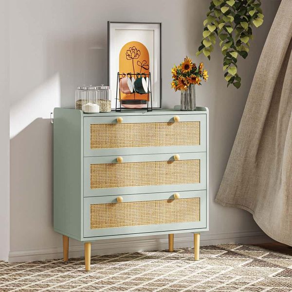 Cassettiera Aiorber, Con Frontali In Rattan, 3 Cassetti, Con Cerniere Antiribaltamento, Stabile, Credenza, Per Camera E Corridoio, 80 X 40 X 87,5 Cm, Verde-image