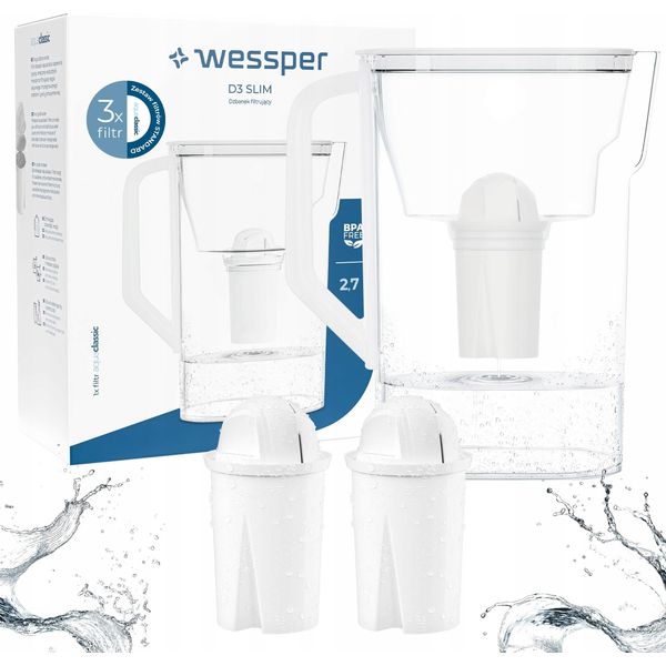 Wessper D3 Slim Aquaclassic Caraffa Filtrante 2,7 L Bianca – Caraffa Da Frigorifero Incl. 3 Cartucce Filtranti Aquaclassic-image