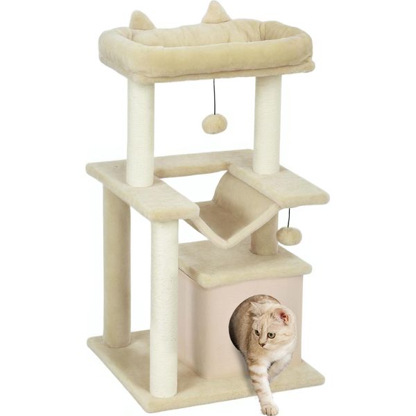 Pawhut Albero Per Gatti 90 Cm Tiragraffi Con Amaca Albero Da Gioco Grotta Per Gatti Piattaforme Arrampicata Albero Per Gatti Tiragraffi Attività Tiragraffi Peluche Sisal Crema-image