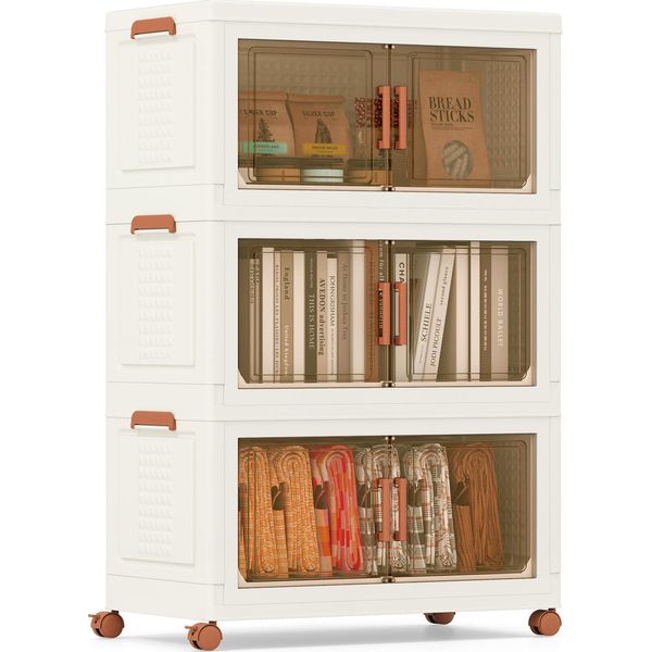 Costway 210 L Contenitori Pieghevoli Con Coperchio, Confezione Da 3 Contenitori Impilabili Con Ruote, Organizer Per Armadi Bianco E Marrone-image