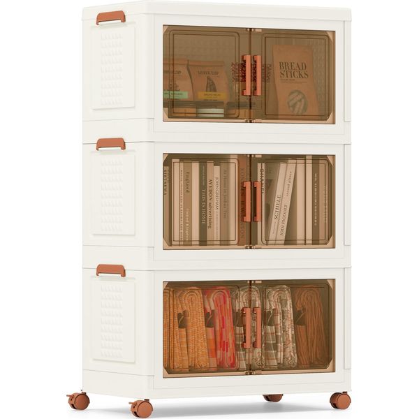 Costway 156 L Contenitori Pieghevoli Con Coperchio, Confezione Da 3 Contenitori Impilabili Con Ruote, Organizer Per Armadi Bianco E Marrone-image
