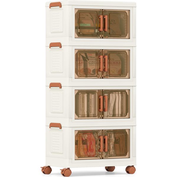 Costway 208 L Contenitori Pieghevoli Con Coperchio, Confezione Da 3 Contenitori Impilabili Con Ruote, Organizer Per Armadi Bianco E Marrone-image