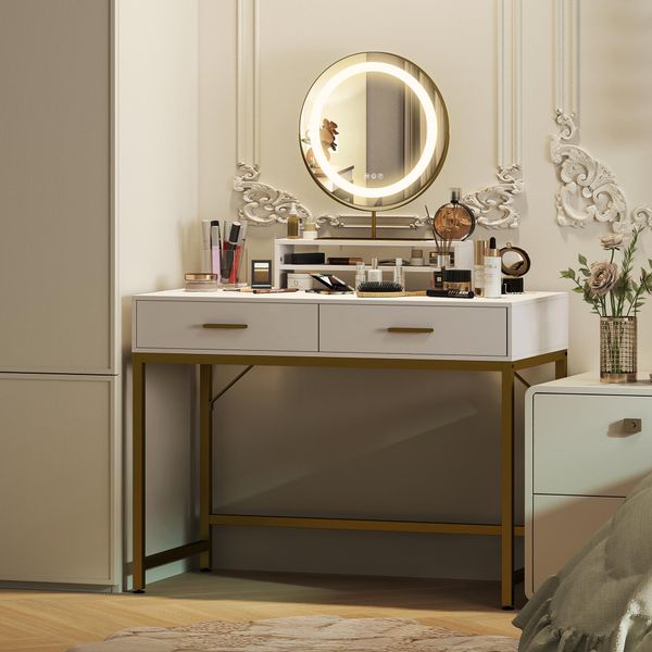 Tavolino Da Toilette Aiorber, Con Illuminazione Led E Specchio Girevole A 360°, Tavolino Da Toilette, Con 2 Cassetti E Ripiano Aperto, 100 X 50 X 137,5 Cm, Bianco-image