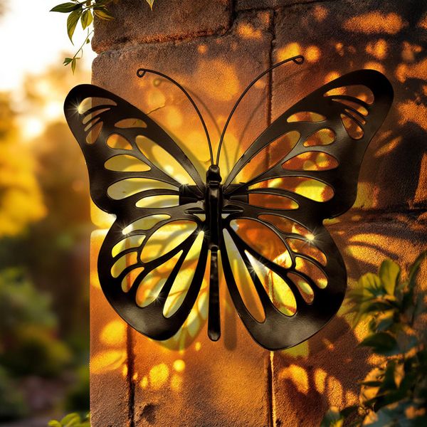 Farfalla Solare Murale Nera Con 31 Led - 34 X 25 Cm - Decorazione Murale In Metallo Per Esterni Illuminata In Bianco Caldo-image
