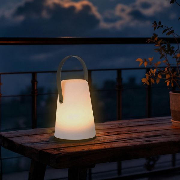 3.07 Lampada Da Tavolo Konisch A Batteria - Circa 14 Cm - Per Interni Ed Esterni Bianca Con Cinturino In Pelle / Timer (Piccola)-image
