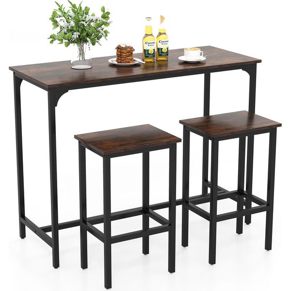 Costway Set Tavolo Da Bar Con Sgabello, Poggiapiedi, Tavolo Da Bar Per 2 Persone, Gruppo Da Pranzo Tavolo Da Bar Set Tavolo Da Cucina Bancone Da Cucina Legno Rustico Marrone-image