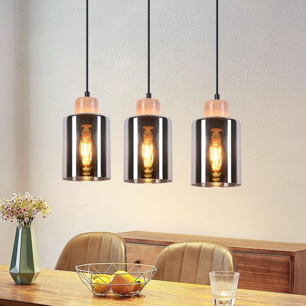 Zmh Lampada A Sospensione In Legno Lampada A Sospensione A 3 Fiamme In Vetro Lampada A Sospensione Retrò Lampada A Sospensione Presa E27 Lampada A Sospensione Regolabile In Altezza Lampada Da Tavolo Senza Lampadina-image