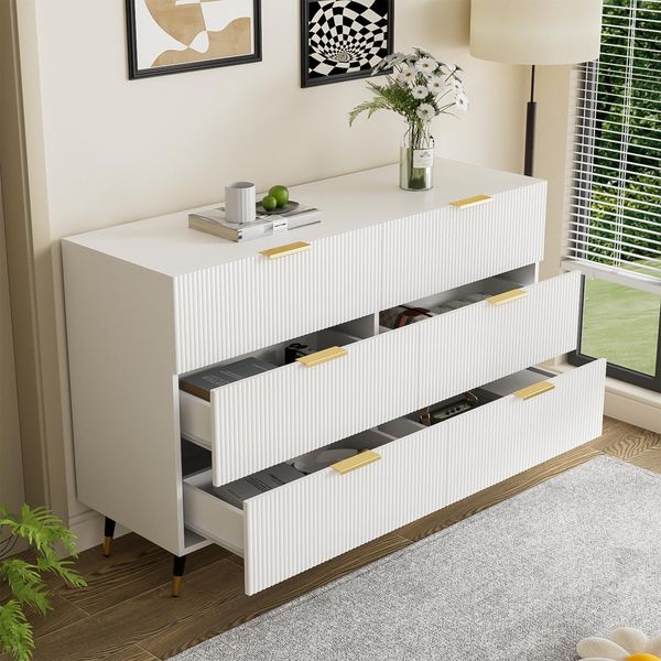 Cassettiera Aiorber, Sei Cassetti, Ampio Spazio, Legno Pregiato, Gambe Dorate, Credenza, Per Sala Da Pranzo, Soggiorno, 120X77X40Cm, Bianco-image