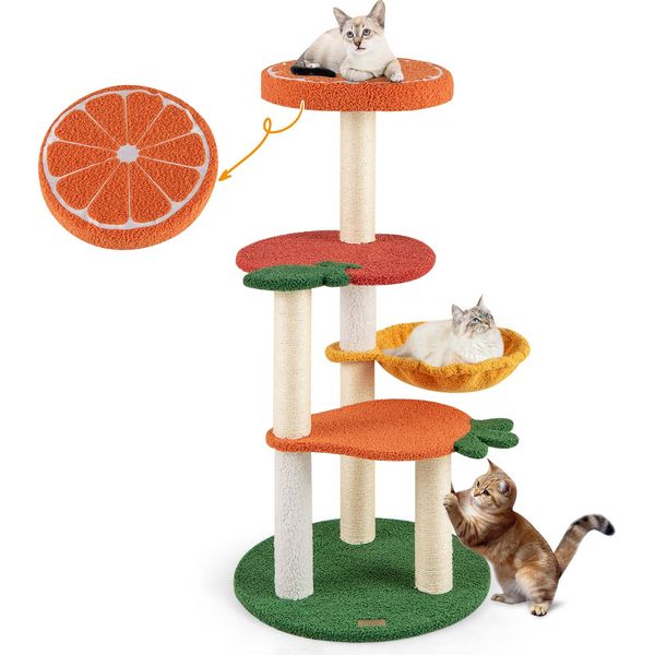 Tiragraffi Costway 100Cm, Simpatico Tema Frutta, Albero Per Gatti Con Cesto Girevole, Tiragraffi In Sisal, Piattaforme, Mobili Per Gatti, Albero Da Arrampicata Colorato-image