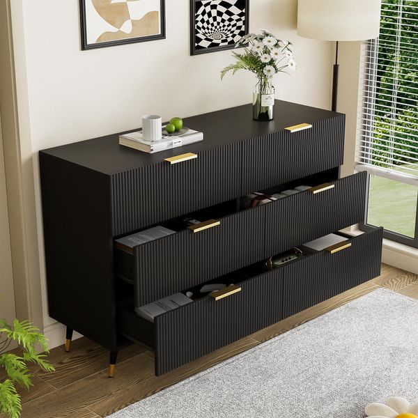 Cassettiera Aiorber, Sei Cassetti, Ampio Spazio, Legno Pregiato, Gambe Dorate, Credenza, Per Sala Da Pranzo, Soggiorno, 120X77X40Cm, Nero-image