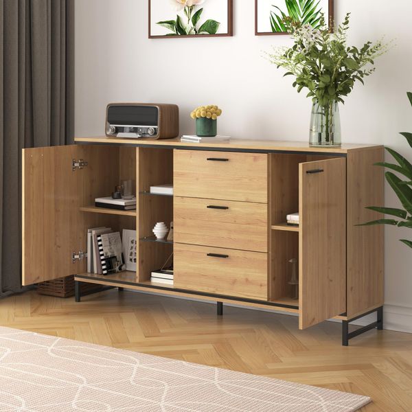 Cassettiera Aiorber, 4 Cassetti Spaziosi, Ampio Spazio Di Archiviazione, Credenza, Con Led, Ripiani Regolabili, Per Camera Da Letto, Soggiorno, 160X40X85Cm, Natura-image