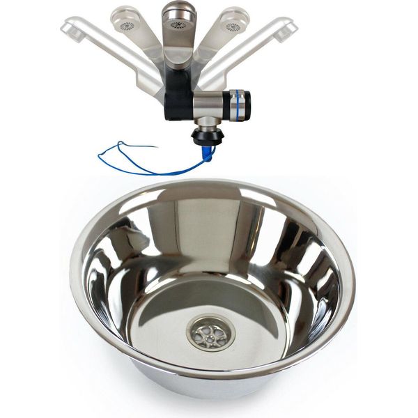Lavello In Acciaio Inox Da Campeggio Lavabo 24Cm Ø Rubinetto Yacht Barca Womo-image