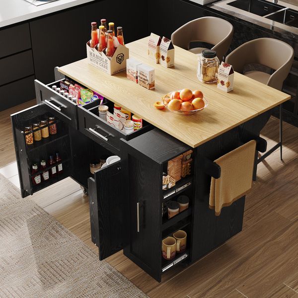 Carrello Di Servizio Flieks Con Piano Di Lavoro Pieghevole, Carrello Da Pranzo Moderno A Isola, Carrello Da Cucina Con Cassetti E Porta Asciugamani, Nero-image