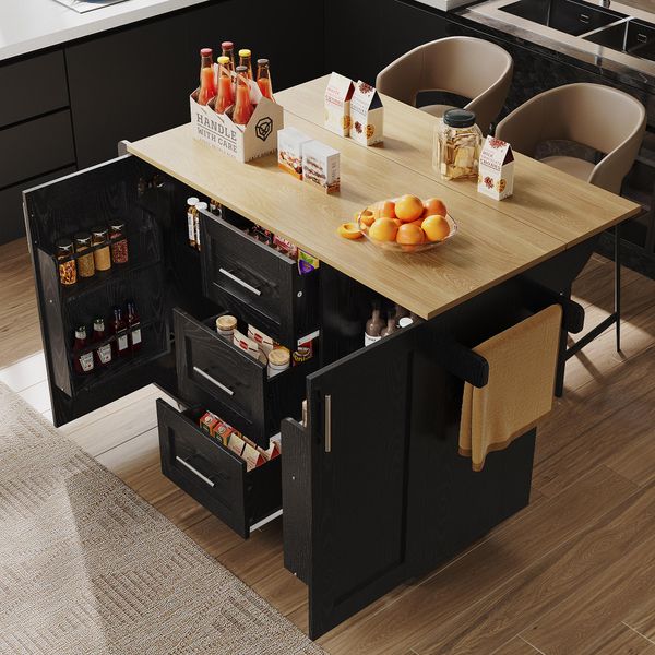 Flieks Carrello Da Portata Moderno, Isola Da Cucina Con Piano Di Lavoro Pieghevole, Carrello Da Cucina, Carrello Portavivande Con Cassetti E Porta Asciugamani, Nero-image