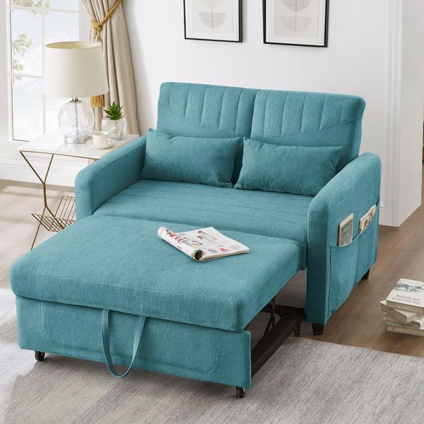 Divano Letto Allungabile Merax 2 In 1 Con Schienale Regolabile A Tre Livelli, Tessuto In Cotone E Lino Traspirante, Due Posti Con Funzione Letto, Verde-image