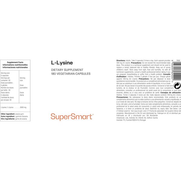 Supersmart L-Lysine Dietary Supplement - 180 Caps. Veg.-image