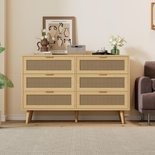 Cassettiera Flieks Con 6 Cassetti, Mobili Da Soggiorno In Rattan, Legno Massiccio, 120X40X76,5 Cm, Finitura Naturale-image