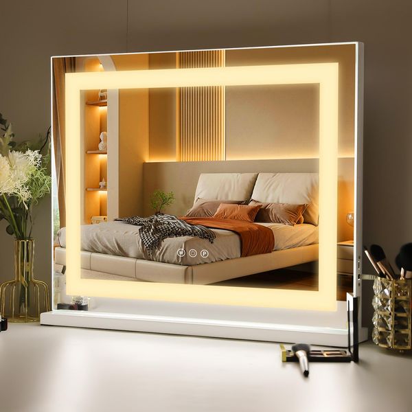 Vanitii Hollywood Specchio Per Il Trucco 58Cm X 46Cm Striscia Luminosa A Led Specchio Per Il Trucco Regolabile A 3 Modalità Di Illuminazione Per Bagno/Tavolo Da Toilette Bianco-image
