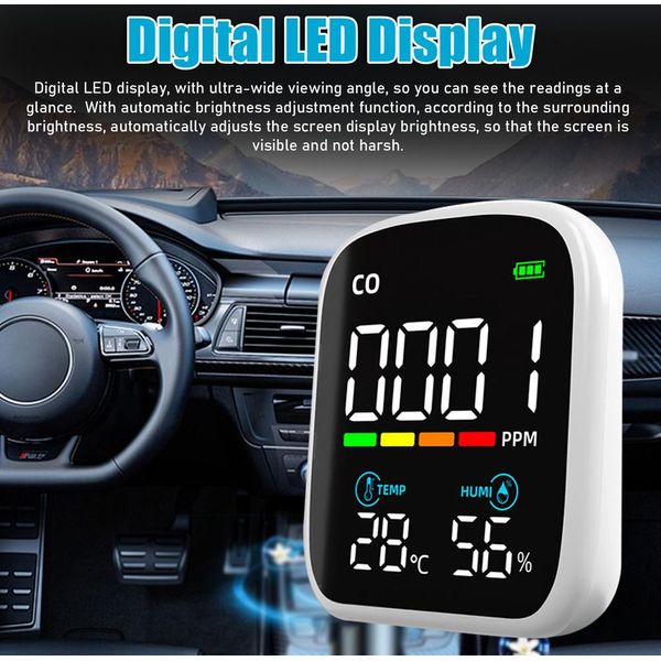 Rivelatore Di Co Con Display Digitale A Led Tester Portatile Di Monossido Di Carbonio Misuratore Di Prova Multifunzionale Di Temperatura E Umidità Sensore Elettrochimico Di Co Tester Di Qualità Dell'aria Per Uso Domestico-image