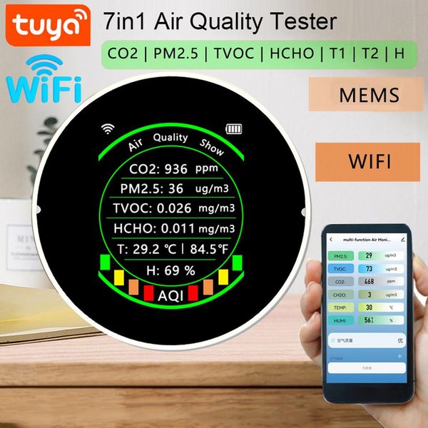 Tuya Wifi 7In1 Misuratore Multifunzionale Di Qualità Dell'aria PM2,5 CO2 Tvoc Hcho Aqi Tester Di Temperatura E Umidità Rilevatore Portatile Di Anidride Carbonica Con Display A Colori E Funzione Di Soglia Di Allarme-image