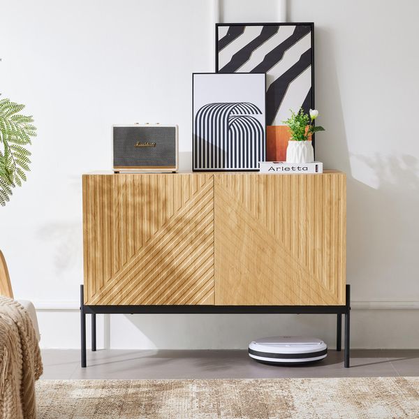 Credenza Merax 100X40X75 Cm Dal Design Minimalista, Cassettiera A 2 Ante Con Gambe In Metallo, Cassettiera A Buffet Con Ripiani, Ripiani Regolabili-image