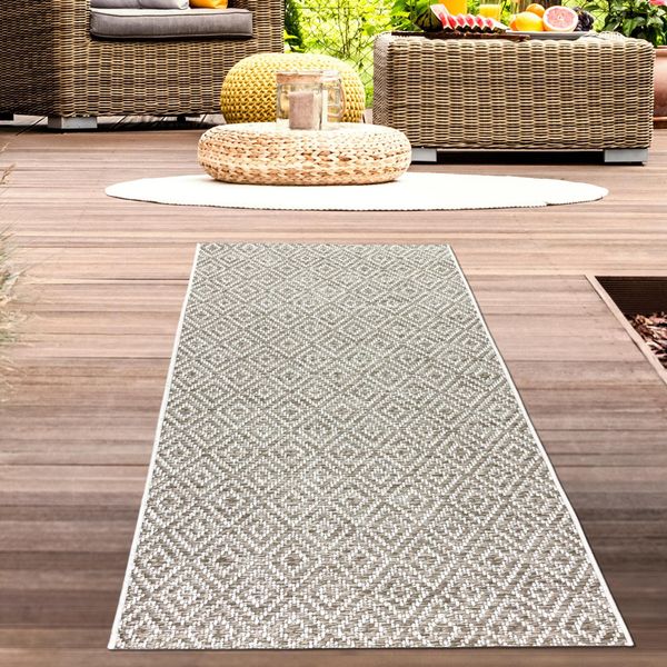 Tappeto Da Esterno Per Balconi Resistente Alle Intemperie A Trama Piatta Con Disegno A Diamante In Beige Dimensioni - 80 X 150 Cm-image