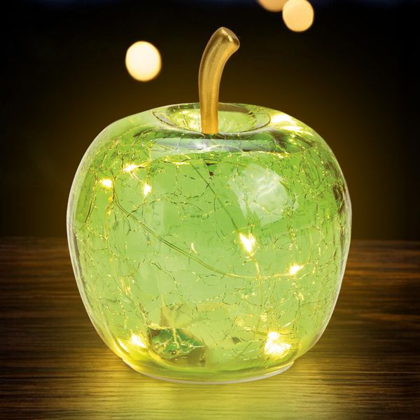 3.08 Piccola Mela Di Vetro Con 10 Luci Led - Ø 11 Cm - Batteria Luminosa Decorativa - Colore: Verde Chiaro (Piccola)-image