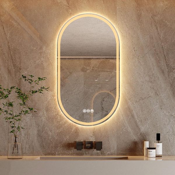 Grande Specchio Da Bagno Con Illuminazione, Interruttore A Pulsante Led, Antiappannamento, Design Ovale-image